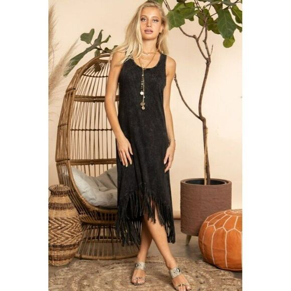 Blue Buttercup Mineral Washed Black Fringe Midi Dress New S-L KD81386 - Picture 6 of 6